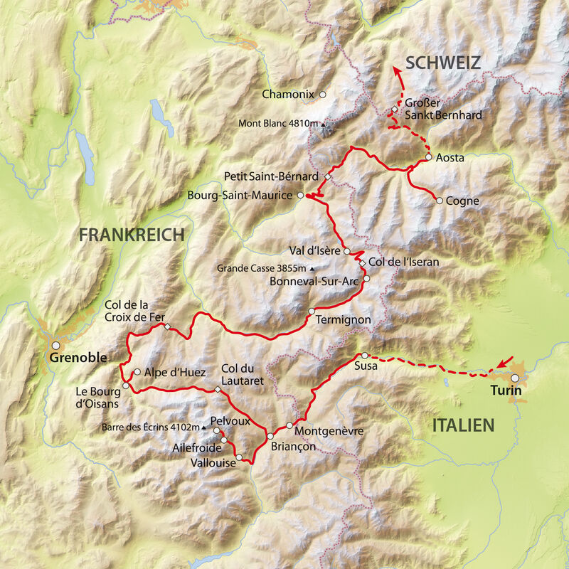 Nationalparks Die Reise in die Grenzregion der französischen und italienischen Alpen führt uns in diverse Nationalparks: den Parc National des Écrins, den Parc National de la Vanoise und den Parco Nationale Gran Paradiso. Der Parc National des Écrins umfasst einen Teil der Dauphiné-Alpen. Er wurde 1973 gegründet. Zentrum des Nationalparks ist das Pelvoux-Massiv, das mit der Barre des Écrins den südlichsten Viertausender der Alpen aufweist. Der Parc National de la Vanoise wurde 1963 als erster französischer Nationalpark zum Schutz der unberührten Hochgebirgswelt des Inneren des Vanoise-Massivs und der Erhaltung des vom Aussterben bedrohten Alpensteinbocks, von dem die letzten Exemplare im östlich anschliessenden, italienischen Nationalpark Gran Paradiso überlebt hatten, gegründet. Der Nationalpark Gran Paradiso wurde 1922 als erster Nationalpark in Italien eingerichtet. Er liegt in den Regionen des Aostatals und Piemonts und erstreckt sich über eine Fläche von 70 318 Hektar, die zumeist bergig ist. Im Westen besteht auf einer Länge von etwa 14 km eine gemeinsame Grenze zum französischen Nationalpark Vanoise.