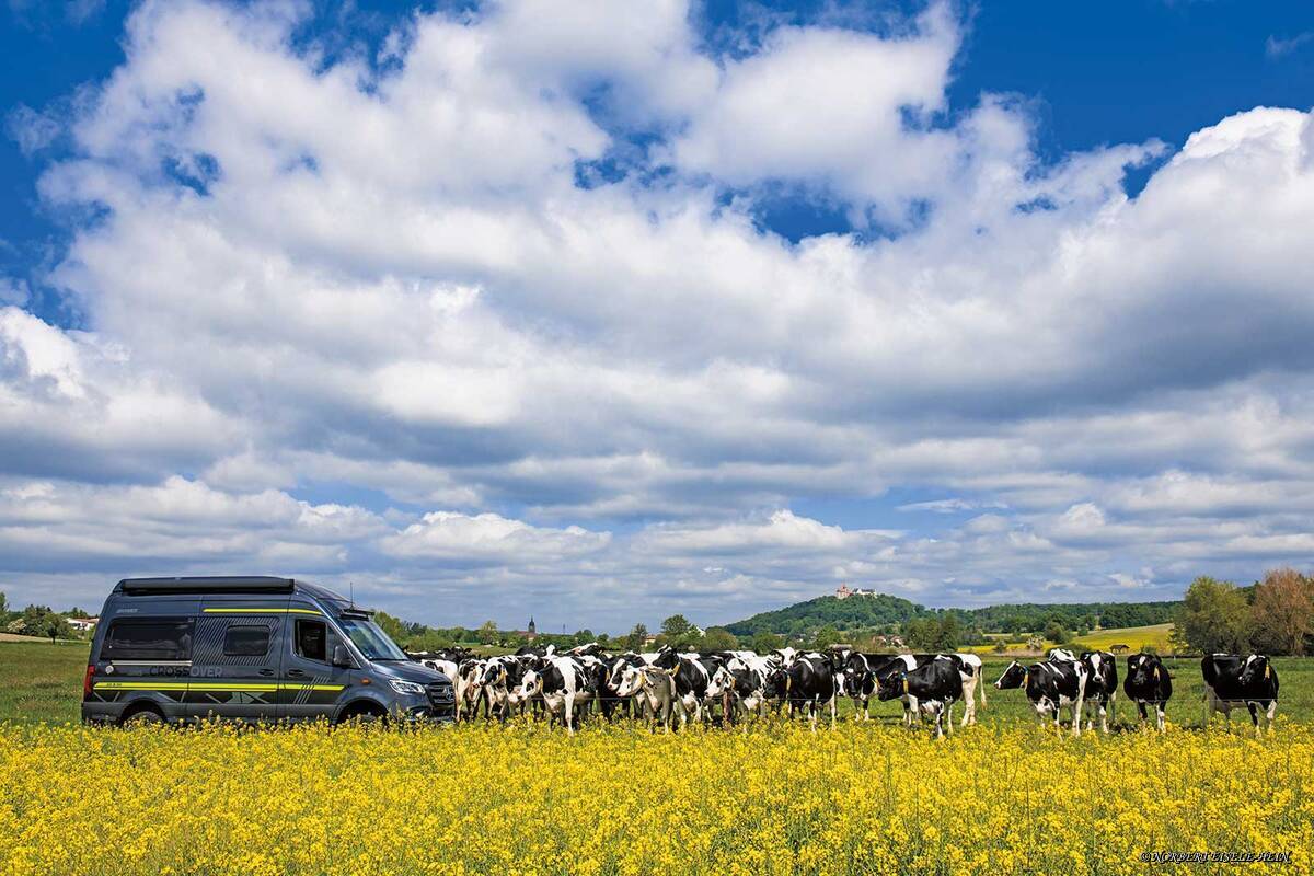 Auf der deutschen Burgenroute unterwegs – umgeben von idyllischer Landschaft.