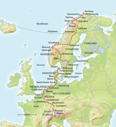 Reiseroute Norden Europas.