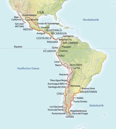 Die Panamericana verbindet Feuerland mit Alaska, erstreckt sich also über die gesamte Nord-Süd-Ausdehnung des amerikanischen Kontinents. Die Panamericana passiert viele Klimazonen, sowohl dichten Dschungel als auch Pässe des Hochgebirges. Ausserdem durchquert sie 14 bis 19 verschiedene Staaten und ist deshalb weit entfernt von einer einheitlichen Beschilderung und auch Nutzbarkeit. So kann man Teile der Strasse nur in der Trockenzeit befahren, in anderen ist die Benutzung das ganze Jahr über gefährlich. Gerade die Passagen in Süd- und Mittelamerika machen viele Reisende gerne in einer betreuten Gruppe. Dabei wird bei der hier beschriebenen Reise nicht im Konvoi, sondern einzeln gefahren. Aber am Abend trifft man sich zur gemeinsamen Übernachtung, und bei Problemen oder Pannen ist man nicht ganz auf sich alleine gestellt.
