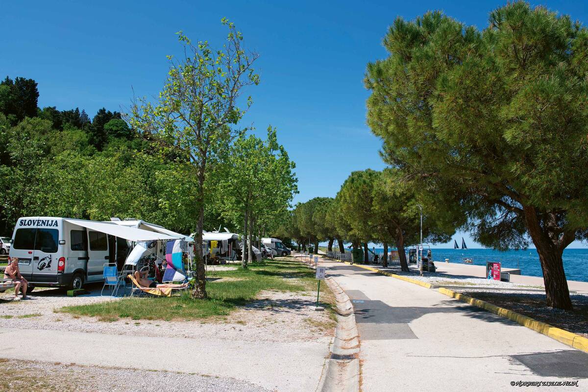 Zwischen Portorož und Piran gibt es etliche Campingplätze wie Camping Fiesa mit direktem Zugang zum Meer.