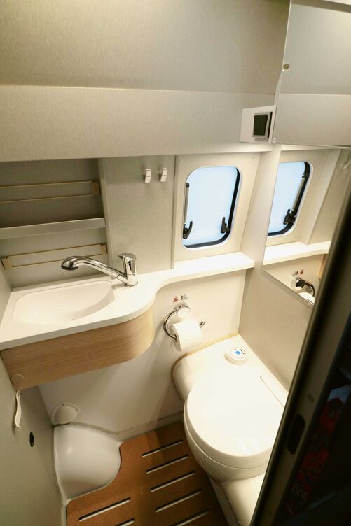 Sur le lavabo, le mitigeur monocommande avec douchette extractible sert aussi à se doucher.