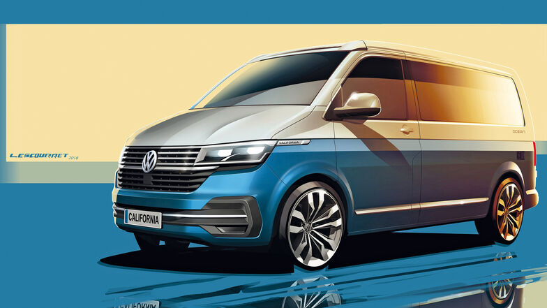 Erste Skizzen: So sieht der Volkswagen California T6.1 auf dem Zeichenblock des Designers von aussen aus. (Grafik: Volkswagen Nutzfahrzeuge)