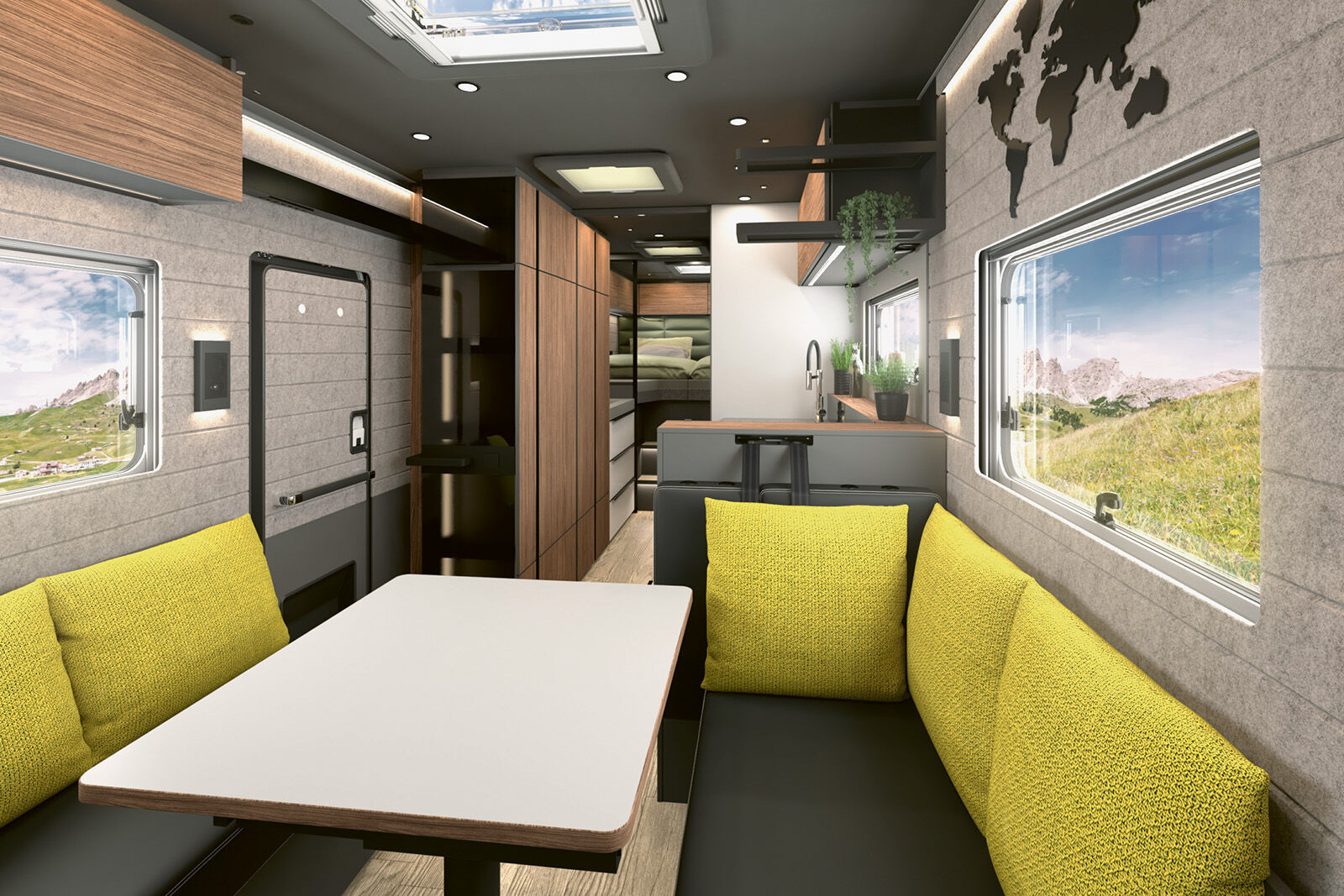 Derrière les sièges de cabine pivotants se trouvent les banquettes en face à face qui invitent à se détendre dans une ambiance lumineuse et aérée.