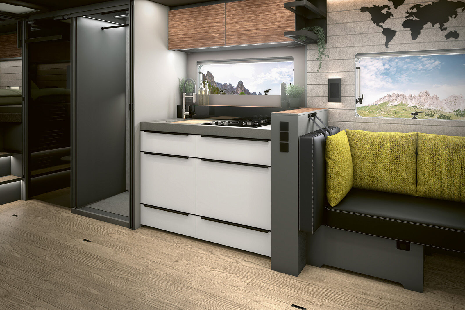 Dans la cuisine, une plaque de cuisson hybride avec zone induction et deux brûleurs à gaz est intégrée de série.