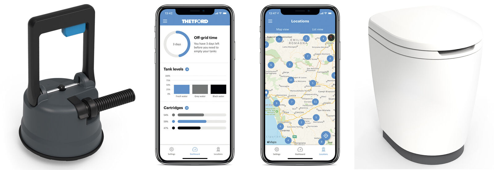 Das Entsorgungsmodul, die App, die über den Zustand der Wasserversorgung und Entsorgungsmöglichkeiten informiert, sowie die Zerhackertoilette sind Teil des Gesamtsystems.
